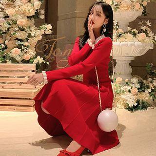 Long-sleeve Collared Midi Dress Red - One Size