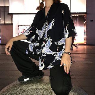 Printed Elbow-sleeve Shirt Black - One Size
