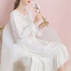 Long-sleeve Lace-trim Midi Night Dress