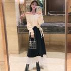 Cropped Long-sleeve Cable-knit Top / Two-tone Midi A-line Skirt