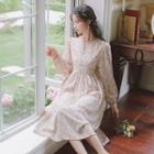 Round-neck Printed Floral Button-up A-line Dress