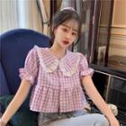 Eyelet Trim Plaid Puff-sleeve Blouse