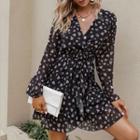 Long-sleeve Heart Print Lace-up A-line Dress