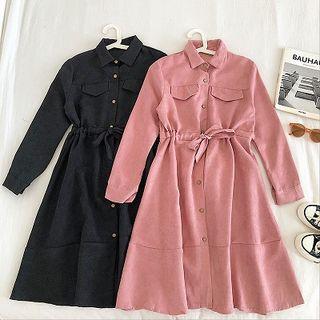 Plain Single-breasted Lace-up Corduroy Dress