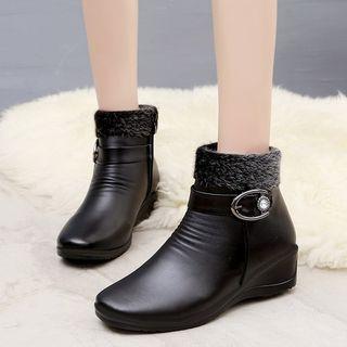 Fleece-lined Belted Wedge Short Boots