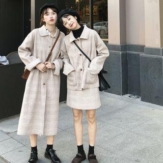 Plaid Single-breasted Jacket / Coat / A-line Skirt