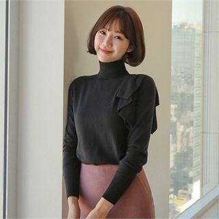 Turtle-neck Ruffle-trim Knit Top