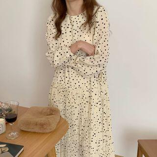 Dotted Long-sleeve Midi Pleated Dress