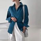 Slit-front Tie-waist Corduroy Shirt