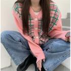 Long-sleeve Plaid Mock Two-piece  Knit Sweater