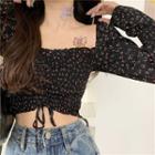 Floral Square-neck Long-sleeve Chiffon Blouse As Shown In Figure - One Size