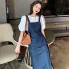 Puff-sleeve Top / Denim Midi A-line Overall Dress