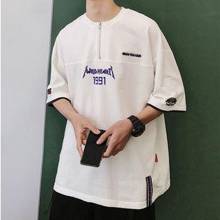 Elbow-sleeve Lettering Half Zip T-shirt