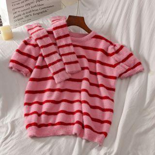 Set: Short-sleeve Striped Knit Top + Oversleeves Set Of 2 - Top & Oversleeves - Pink - One Size