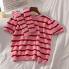 Set: Short-sleeve Striped Knit Top + Oversleeves Set Of 2 - Top & Oversleeves - Pink - One Size