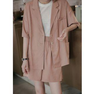 Set: Plain Single-breasted Elbow-sleeve Blouse + High-waist Wide-leg Shorts