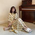 Puff-sleeve Floral Print Midi A-line Dress Black & Cream Yellow - One Size