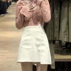 Long-sleeve V-neck Cross Strap Top / Asymmetrical Mini A-line Skirt