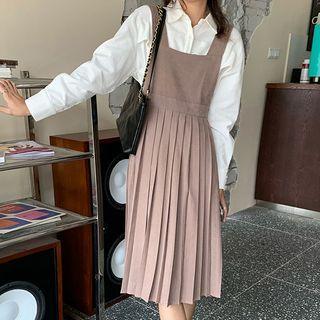 Pleated Midi A-line Pinafore Dress
