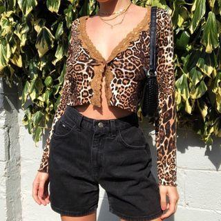 Long-sleeve Leopard Print Lace Trim Crop Top