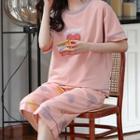 Loungewear Set : Short-sleeve Heart Print Top + Capri Pants