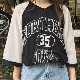 Letter Raglan 3/4-sleeve Chiffon Top