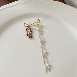 Bear Faux Pearl Asymmetrical Alloy Fringed Earring