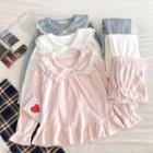 Set:plain Peter-pan Collar Lace-trim Flannel Top + Pants