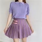 Short-sleeve Knit Polo Shirt / Plaid Pleated Skirt