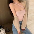 One-shoulder Tank Top / Cropped Open-front Cardigan