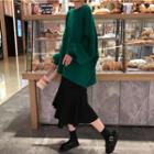 Balloon-sleeve Chunky Sweater / Asymmetrical Slit Midi Skirt