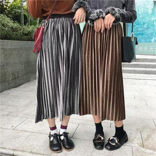 Long-sleeve Mock-neck Top / Accordion Pleat Midi Velvet Skirt