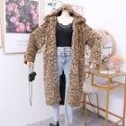 Leopard-print Faux-fur Hooded Long Jacket