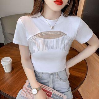 Short-sleeve Plain Cutout Fringed T-shirt