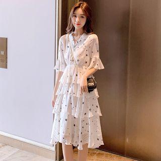 Elbow-sleeve Star Pattern Tiered Dress