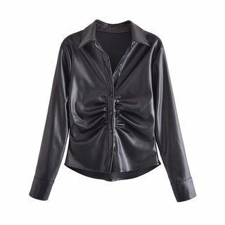 Shirred Faux Leather Shirt