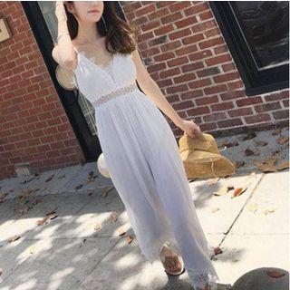 Spaghetti Strap Lace Trim Wide-leg Jumpsuit
