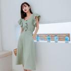 Set: Square-neck Ruffle Trim Tank Top + High Waist Midi A-line Skirt