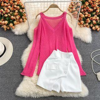 Set: Cold Shoulder V-neck Sweater + High Waist Shorts