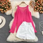Set: Cold Shoulder V-neck Sweater + High Waist Shorts