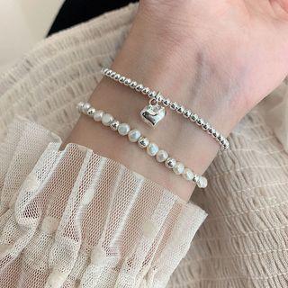 Heart Pendant Sterling Silver Bracelet / Faux Pearl Bracelet