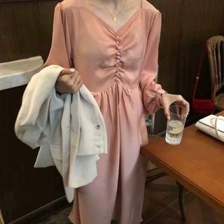 V-neck Long-sleeve Midi A-line Dress As Shown In Figure - One Size