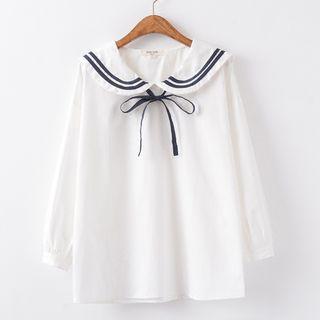 Long-sleeve Sailor Collar Top White - M
