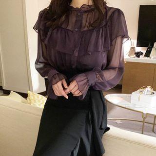 Lantern-sleeve Ruffled Mesh Blouse Purple - One Size