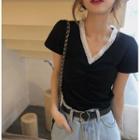 Short-sleeve Lace Trim V-neck T-shirt White Lace Trim - Black - One Size