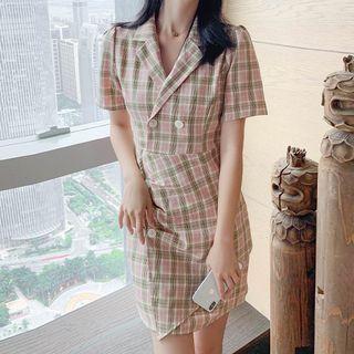 Plaid Double-breasted Short-sleeve Mini Sheath Blazer Dress