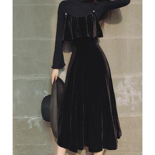 Set: Long-sleeve Knit Top + Spaghetti Strap Midi A-line Velvet Dress