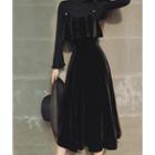 Set: Long-sleeve Knit Top + Spaghetti Strap Midi A-line Velvet Dress