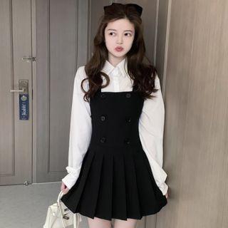 Plain Shirt / Pleated Mini A-line Overall Dress