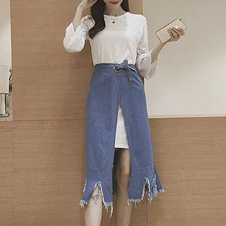 Set: 3/4-sleeve T-shirt Dress + Slit Denim Skirt